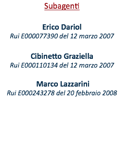 Subagenti Erico Dariol Rui E000077390 del 12 MARZO 2007 Cibinetto Graziella Rui E000110134 del 12 MARZO 2007 Marco Lazzarini Rui E000243278 del 20 febbraio 2008 